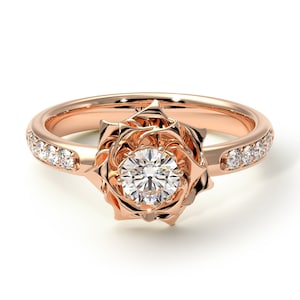 Moissanite Engagement Ring Rose Gold Statement Rose Flower Antique Moissanite Engagement Rings - Elena