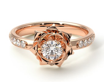 Moissanite Engagement Ring Rose Gold Statement Rose Flower Antique Moissanite Engagement Rings - Elena