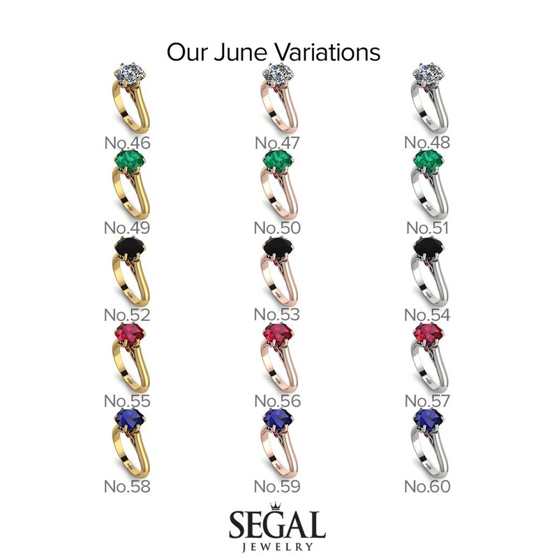 May include: A chart showing different variations of a ring with a center stone. The ring is available in yellow gold, rose gold, and white gold. The center stone is available in emerald, black, ruby, sapphire, and diamond.