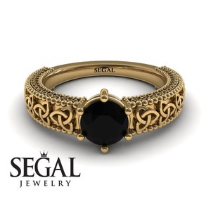 Celtic Engagement Ring 14KYellow Gold Solitaire Ring Vintage Black Diamond Ring Victorian Ring Filigree Engagement Ring - Eliana