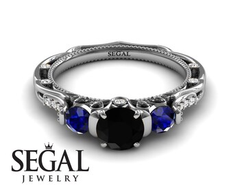 Unique Engagement Ring 14K White Gold Art Deco Victorian Ring Edwardian Ring Black Diamond With Sapphire - Elizabeth Engagement Ring
