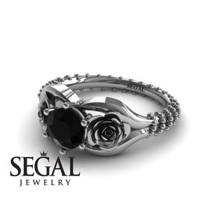 Unique Engagement Ring 14K White Gold Flower Vintage Black Diamond - Camilla Rose Engagement Ring