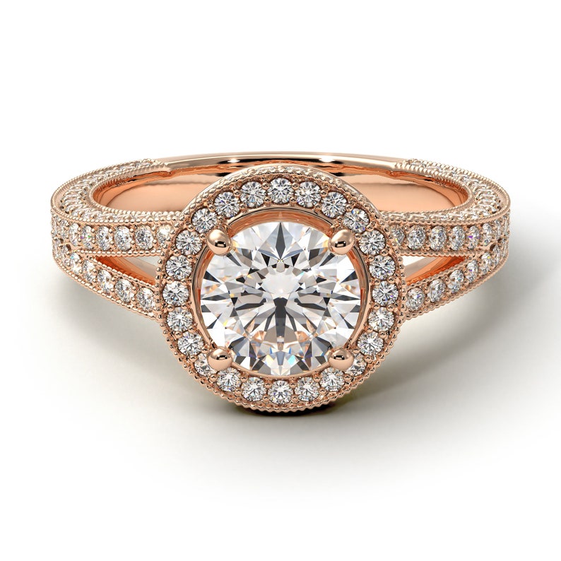 Milgrain Engagement Ring White Diamond 14K-18K Rose Gold Ring Milgrain Round Diamond Ring Engagement Gift - Payton image 2