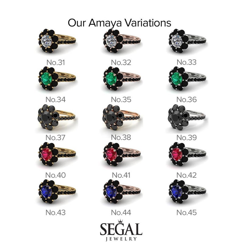 May include: Amaya engagement ring variations with different colored gemstones. The rings feature a black diamond center stone surrounded by a halo of smaller black diamonds. The rings are available in white, yellow, and rose gold. The gemstones include white, emerald green, ruby red, and sapphire blue.