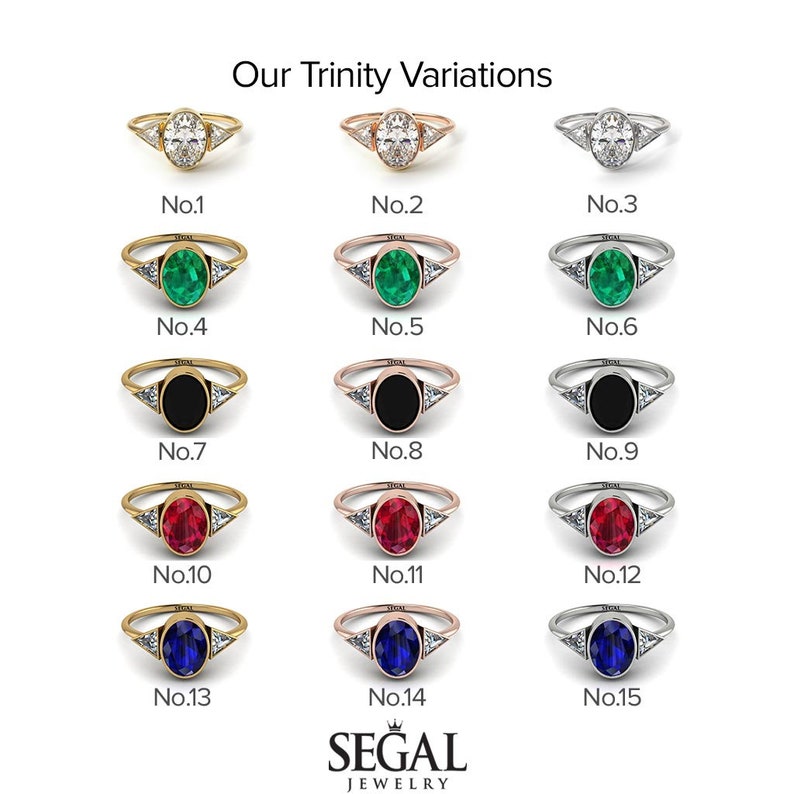 May include: A chart showing 15 variations of a ring with a trinity design. The ring has a center oval stone and two smaller triangle stones on either side. The center stone is shown in different colors, including white, green, black, red, and blue. The ring is shown in gold, rose gold, and silver.