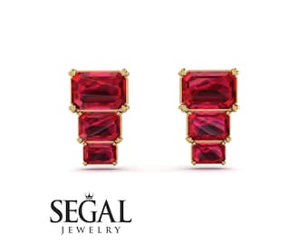 3 Stone Emerald Cut Ruby Earrings Gold 14K-18K Gold Stud Ruby Earrings Red Gemstones Ruby Earring Anniversary Gift for Women - Briella