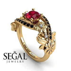 Flower Engagement Ring Yellow Gold Floral Ring Unique Engagement Ring Red Ruby Ring Nature Inspired Ring Flower Engagement Ring - Sadie