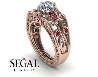 Unique Engagement Ring Diamond ring 14K Red Gold Art Deco Ring Filigree Ring White diamond With Ruby - Skyler Unique Engagement Ring
