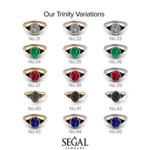 May include: A set of 15 engagement rings with different colored gemstones and metal settings. The rings feature a triangular design with three black accents. The gemstones include diamonds, emeralds, rubies, black diamonds, and sapphires. The metal settings are gold, rose gold, and silver.