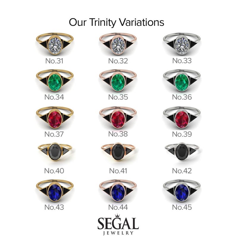 May include: A set of 15 engagement rings with different colored gemstones and metal settings. The rings feature a triangular design with three black accents. The gemstones include diamonds, emeralds, rubies, black diamonds, and sapphires. The metal settings are gold, rose gold, and silver.