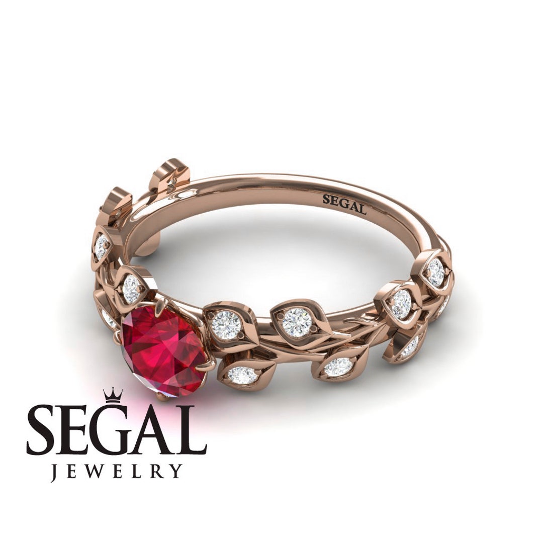 Leaf Engagement Ring Rose Gold Red Ruby Ring Flower Ring Nature ...