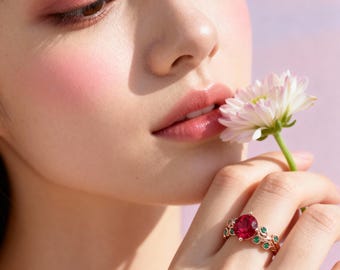 Rose Gold Engagement 2ct Ruby Engagement Ring Leaf Engagement Ring Ruby Ring Anniversary Gift