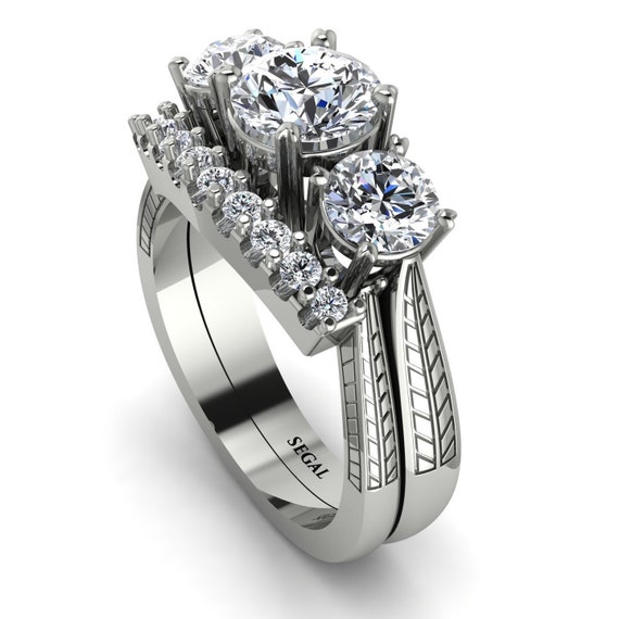Minimalist 14K White Gold Three Stones diamond Braches Bridal Set Bridal set Premium Moissanite 1 - Donna