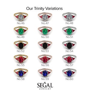 May include: A chart showing 10 different variations of a trinity ring with different gemstones. The rings are shown in gold, rose gold, and silver settings. The gemstones include a diamond, emerald, black onyx, ruby, and sapphire.