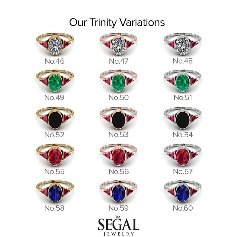 May include: A chart showing 10 different variations of a trinity ring with different gemstones. The rings are shown in gold, rose gold, and silver settings. The gemstones include a diamond, emerald, black onyx, ruby, and sapphire.