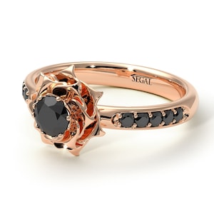 Rose Gold Engagement Ring Rose Engagement Ring Black Diamond Engagement Ring Flower Ring Antique Black Diamond Engagement Ring - Elena