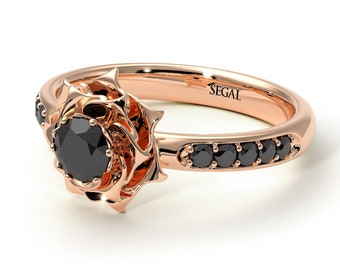 Rose Gold Engagement Ring Rose Engagement Ring Black Diamond Engagement Ring Flower Ring Antique Black Diamond Engagement Ring - Elena