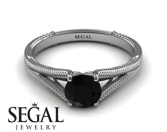 Victorian Engagement Ring 14k White Gold Solitaire Ring Art Deco Engagement Black Diamond Antique Victorian Rings - Eva