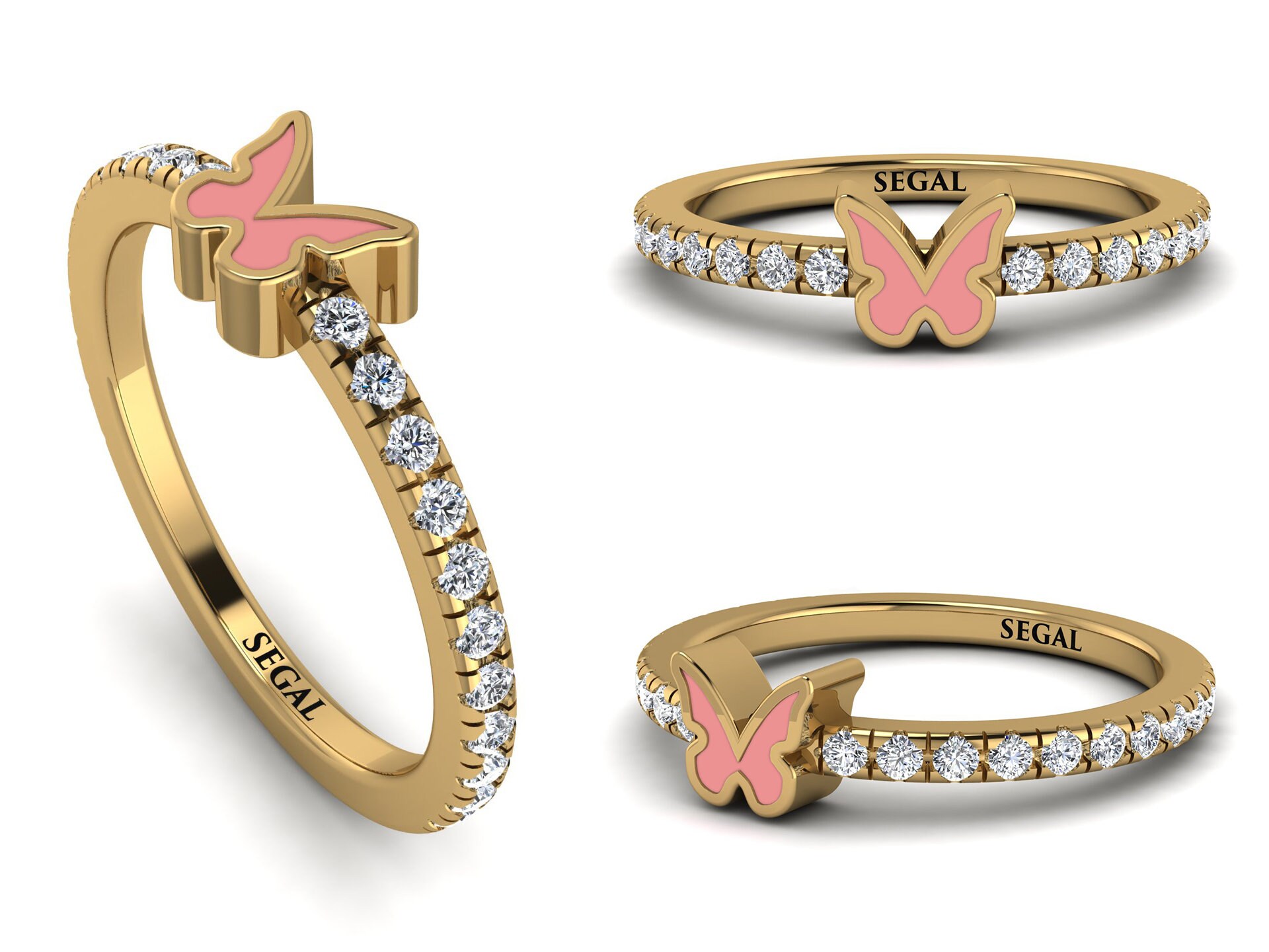 バタフライエナメルリング ダイヤモンドゴールド 14K-18Kゴールド 