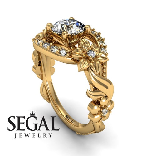 14K Yellow Gold Flower Ring Unique Diamond Ring Leaf and Flower Solitaire  Ring Nature Inspired
