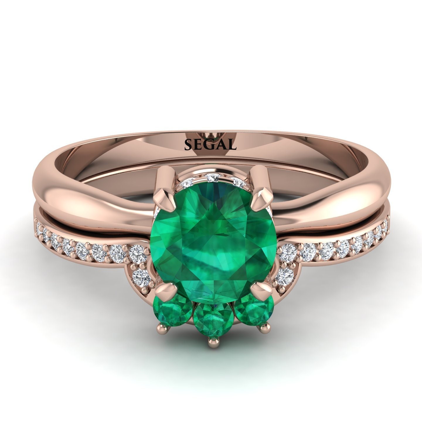 14K Rose Gold Minimalist Hidden Halo Emerald Bridal Set | Etsy