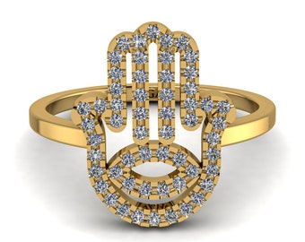 Anillo Hamsa de diamantes en oro de 14 quilates y 18 quilates. Anillo Hamsa de diamantes. Anillo de mal de ojo. Anillos Hamsa de diamantes. Joyería de la mano de Fátima. Regalo de cumpleaños - Meredith.
