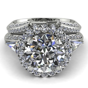 Art déco 14K ouro branco glamoroso halo diamante diamantes ocultos conjunto nupcial conjunto nupcial diamante natural - Joanna