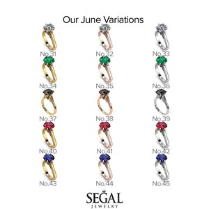 May include: A chart showing different variations of a ring with various gemstones. The chart shows 15 different rings with different colored gemstones, including emerald, ruby, sapphire, and black diamonds. The rings are numbered 31 through 45.