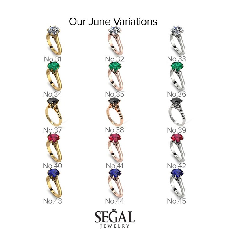 May include: A chart showing different variations of a ring with various gemstones. The chart shows 15 different rings with different colored gemstones, including emerald, ruby, sapphire, and black diamonds. The rings are numbered 31 through 45.