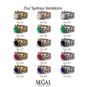 May include: A chart displaying 12 variations of a ring featuring a leaf design. The rings are presented in three metal colours: gold, rose gold, and silver. Each ring showcases a different gemstone at its centre: diamond, emerald, black onyx, ruby, and sapphire.