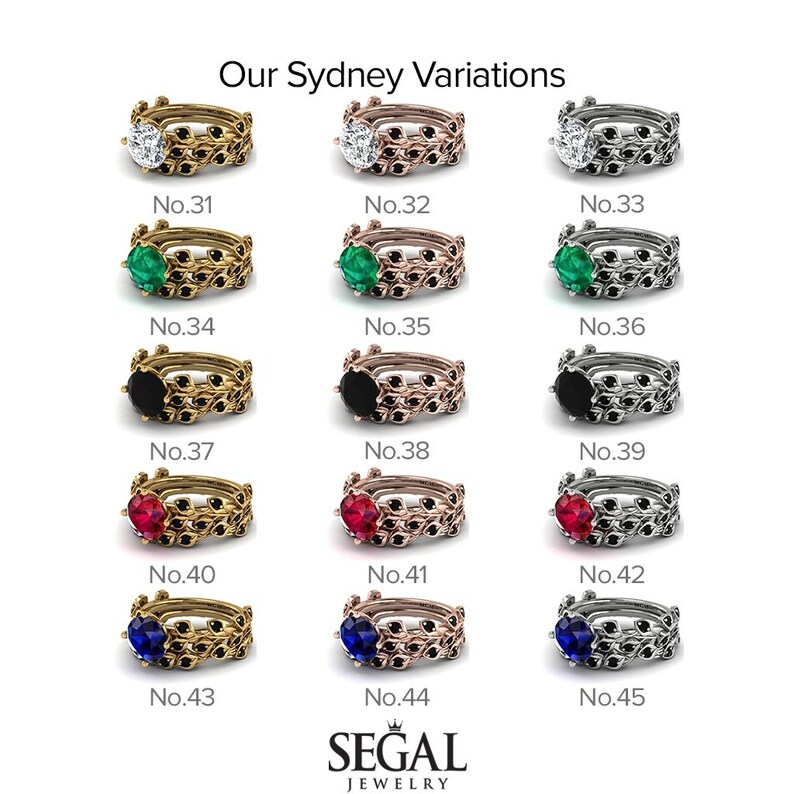 May include: A chart displaying 12 variations of a ring featuring a leaf design. The rings are presented in three metal colours: gold, rose gold, and silver. Each ring showcases a different gemstone at its centre: diamond, emerald, black onyx, ruby, and sapphire.