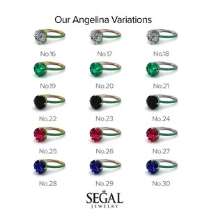 K&ouml;nnte beinhalten: Eine Tabelle, die verschiedene Variationen eines Verlobungsringes namens Angelina zeigt. Der Ring wird mit verschiedenen Edelsteinfarben gezeigt, darunter Wei&szlig;, Gr&uuml;n, Schwarz, Rot und Blau. Der Ring ist in einem Halo-Stil mit einem Pav&eacute;-Band gefasst.