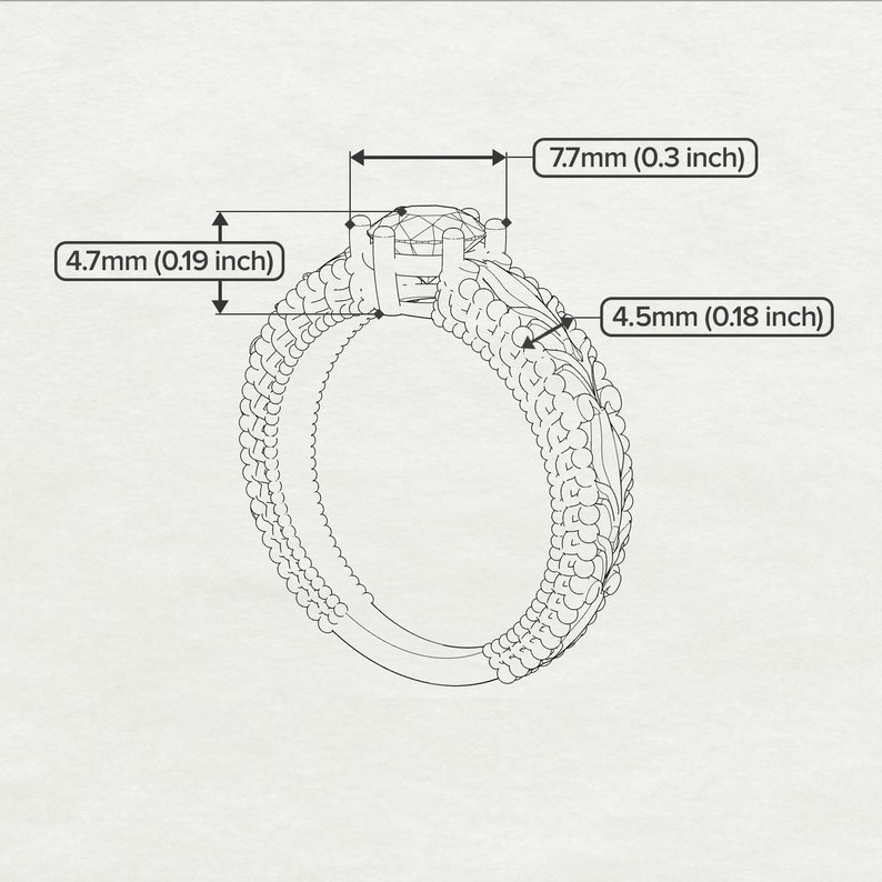 May include: A silver ring with a round, clear gemstone set in a prong setting. The band is decorated with a textured design. The ring measures 7.7 mm (0.3 inch) wide and 4.5 mm (0.18 inch) high.