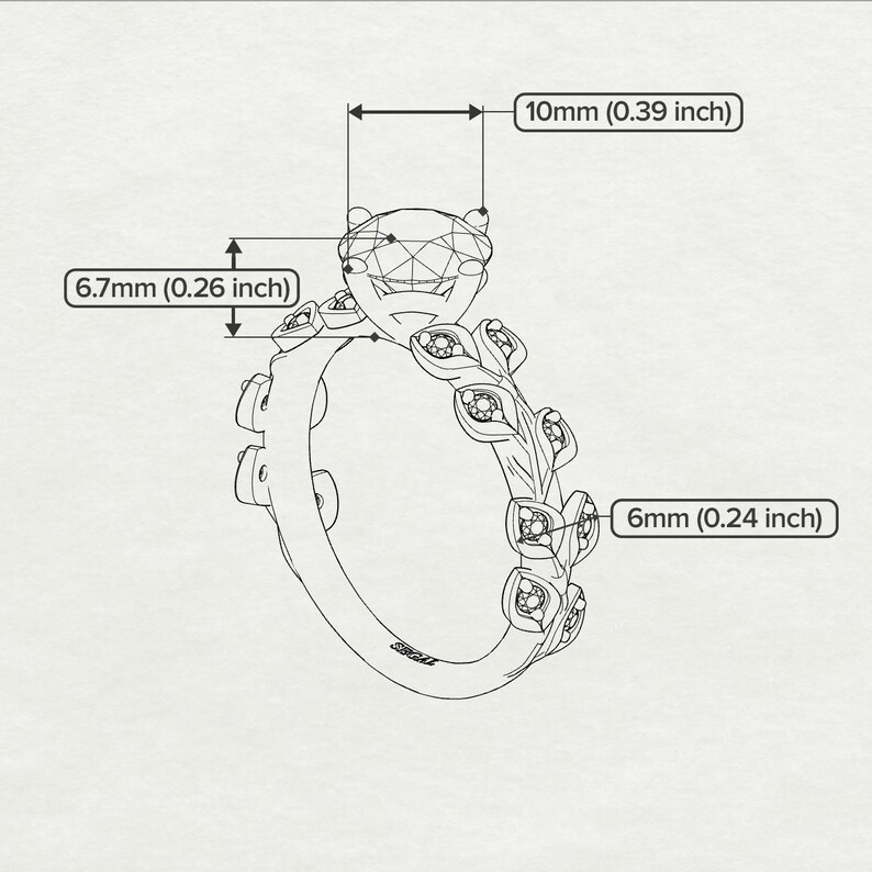 May include: A silver ring with a large, clear, round gemstone surrounded by smaller gemstones. The band is decorated with leaf-like designs. The ring measures 0.39 inches in diameter and 0.26 inches in height.