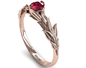 0.25ct Leaf Engagement Ring Ruby Rose Gold Ruby Ring Gift For Her