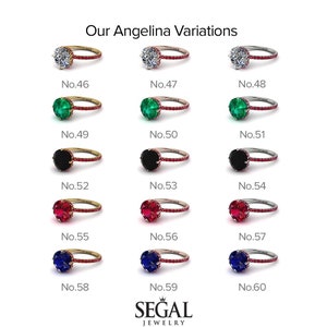 K&ouml;nnte beinhalten: Eine Tabelle, die verschiedene Variationen eines Angelina-Verlobungsringes zeigt. Der Ring wird mit verschiedenen farbigen Edelsteinen gezeigt, darunter Wei&szlig;, Gr&uuml;n, Schwarz, Rot und Blau. Die Tabelle ist mit den Nummern 46 bis 60 beschriftet.
