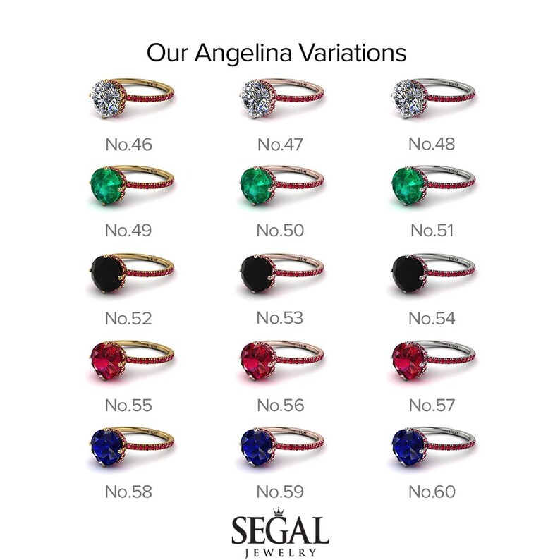 K&ouml;nnte beinhalten: Eine Tabelle, die verschiedene Variationen eines Angelina-Verlobungsringes zeigt. Der Ring wird mit verschiedenen farbigen Edelsteinen gezeigt, darunter Wei&szlig;, Gr&uuml;n, Schwarz, Rot und Blau. Die Tabelle ist mit den Nummern 46 bis 60 beschriftet.