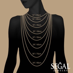 Puede incluir: Un diagrama que muestra las longitudes de los collares en pulgadas y cent&iacute;metros. La imagen muestra una silueta con varias longitudes de collar que van desde 14 pulgadas (35 cm) hasta 34 pulgadas (85 cm). El logotipo de la marca "SEGAL JEWELRY" est&aacute; en la parte inferior.