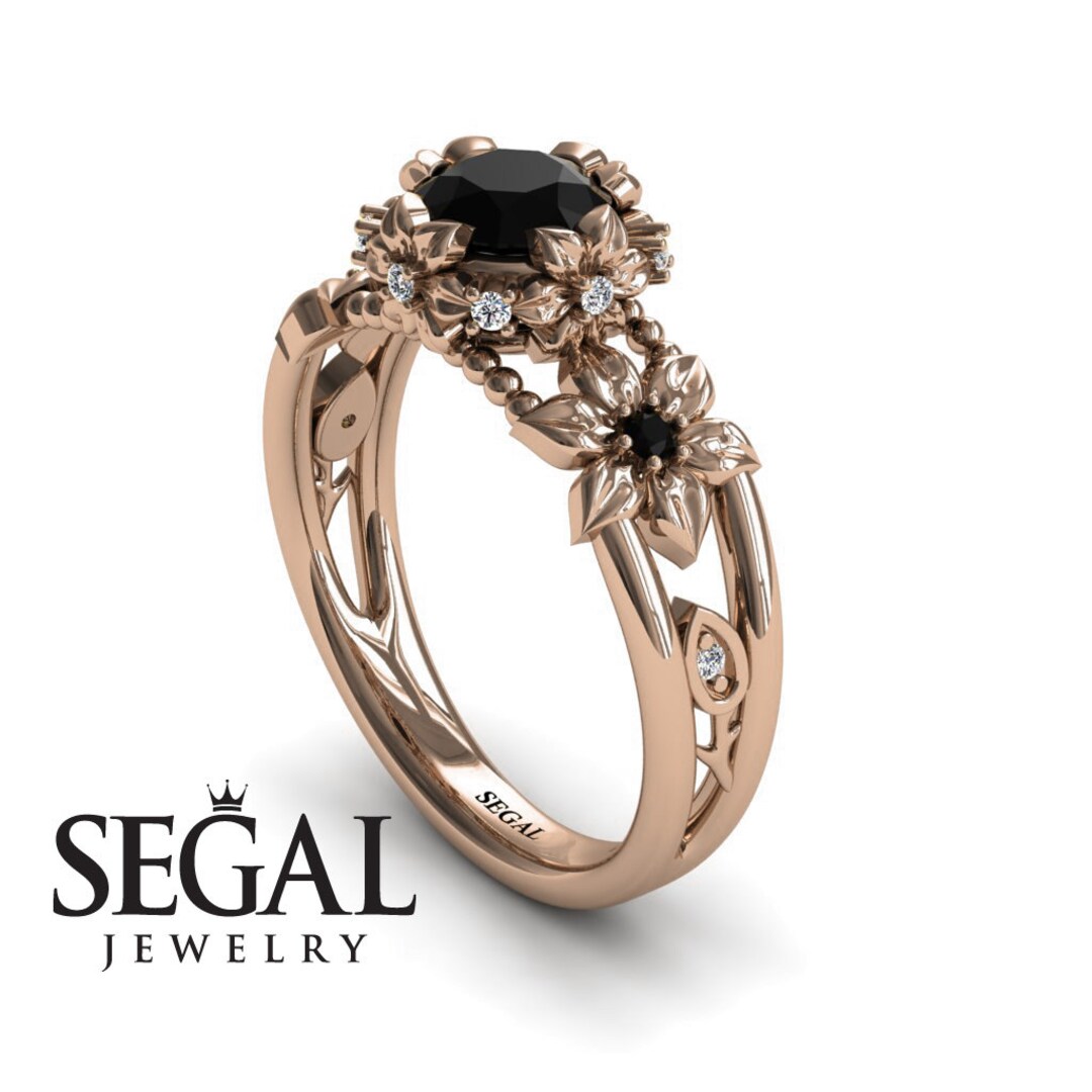 Black Diamonds Engagement Ring Flower Engagement Ring Rose Etsy