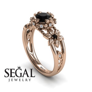Black diamonds engagement ring Flower Engagement Ring Rose Gold Leaf Ring diamond Vintage Real 14k rose gold, Engagement Rings  - Mackenzie