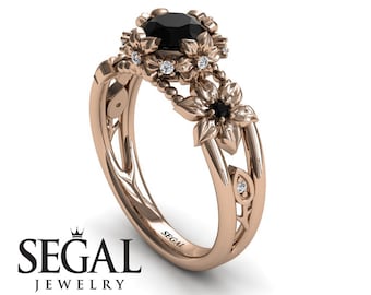 Black diamonds engagement ring Flower Engagement Ring Rose Gold Leaf Ring diamond Vintage Real 14k rose gold, Engagement Rings  - Mackenzie