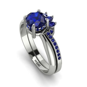 14K White Gold Minimalist Hidden Halo Sapphire Bridal Set Bridal-Set 100% Natural Blue Sapphire - Barbara