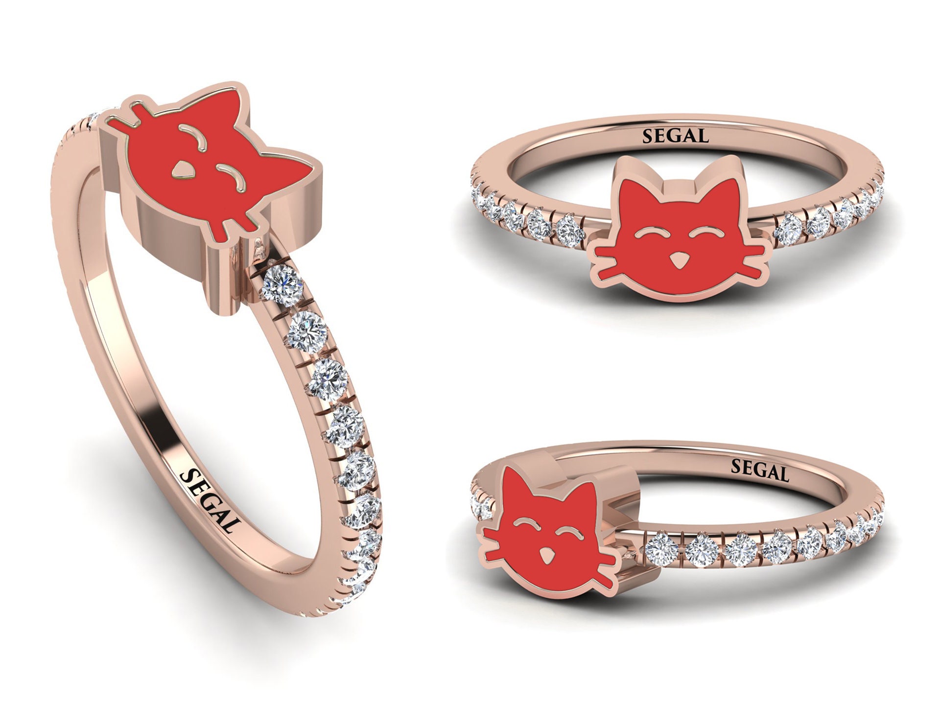 エナメル猫リング ダイヤモンド ローズゴールド 14K-18K ローズ 