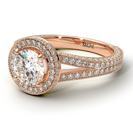 Milgrain Engagement Ring White Diamond 14K-18K Rose Gold Ring Milgrain Round Diamond Ring Engagement Gift - Payton