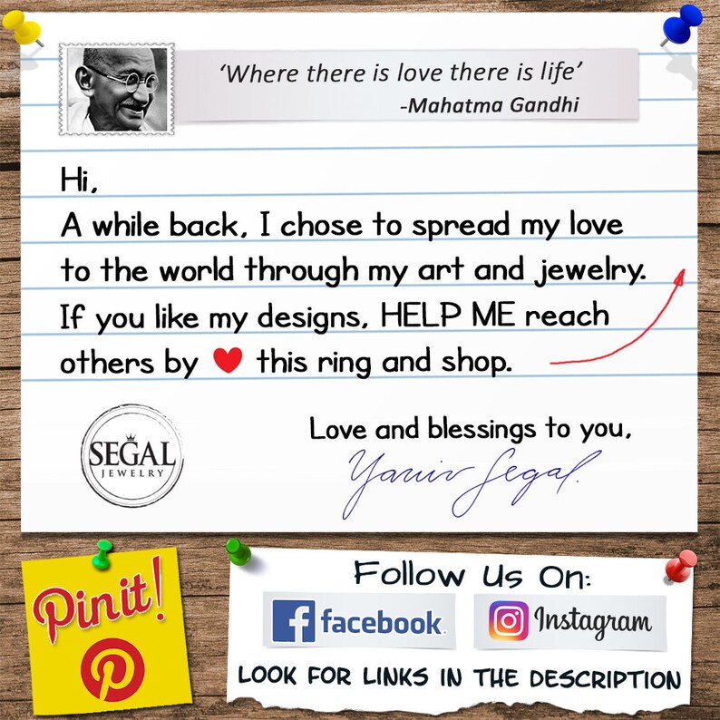 May include: A handwritten note on lined paper with a quote by Mahatma Gandhi: 'Where there is love there is life'. The note also includes a heart symbol and the text 'Pinit!' with a Pinterest logo. The note is surrounded by a wooden frame with push pins.