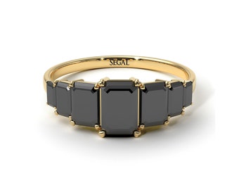 Gold Emerald Cut Black Diamond Geometrical Ring for Women - Briella