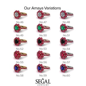 May include: A set of ten gold rings with different center stones and ruby halo settings. The rings are numbered 46 through 60. The text "Our Amaya Variations" and "SEGAL JEWELRY" are also visible.