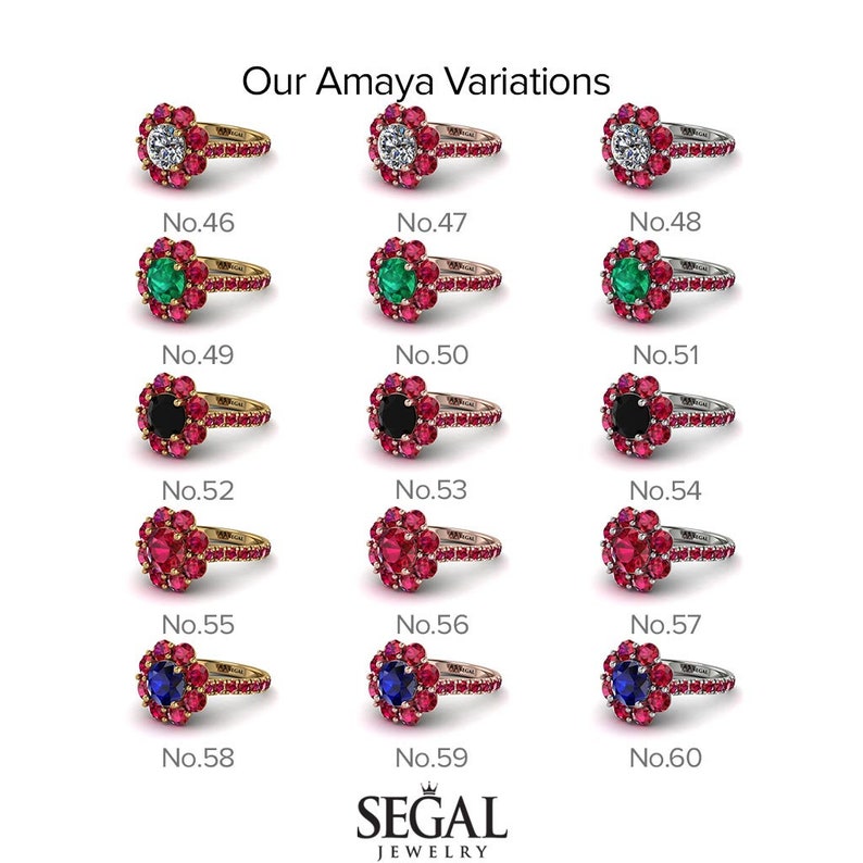 May include: A set of ten gold rings with different center stones and ruby halo settings. The rings are numbered 46 through 60. The text "Our Amaya Variations" and "SEGAL JEWELRY" are also visible.