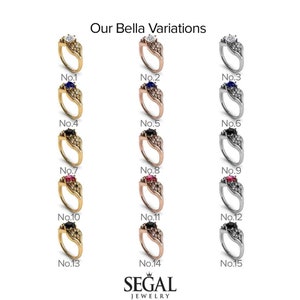 May include: A collection of 15 variations of a gold, rose gold, and silver engagement ring with a floral design. The rings feature a center diamond and a smaller gemstone in various colors, including blue, black, and red.