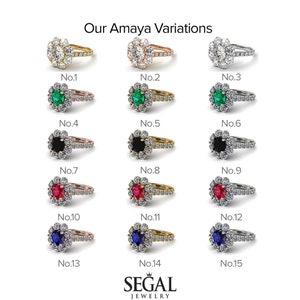 May include: A set of 15 engagement rings with different center stones and halo settings. The rings are arranged in three rows of five, with each row featuring a different center stone: diamond, emerald, black diamond, ruby, and sapphire. The rings are all set in gold, rose gold, or platinum.